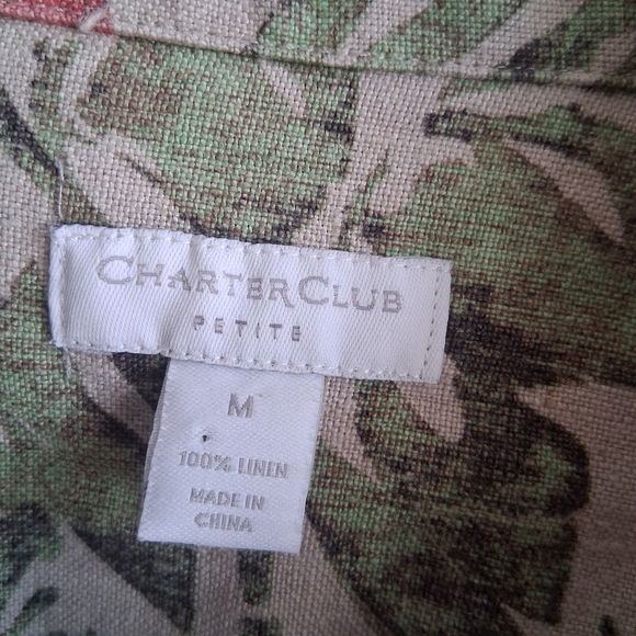 100% Linen Floral Button Up Jacket Wood Buttons Petite Medium Charter Club - Picture 2 of 7